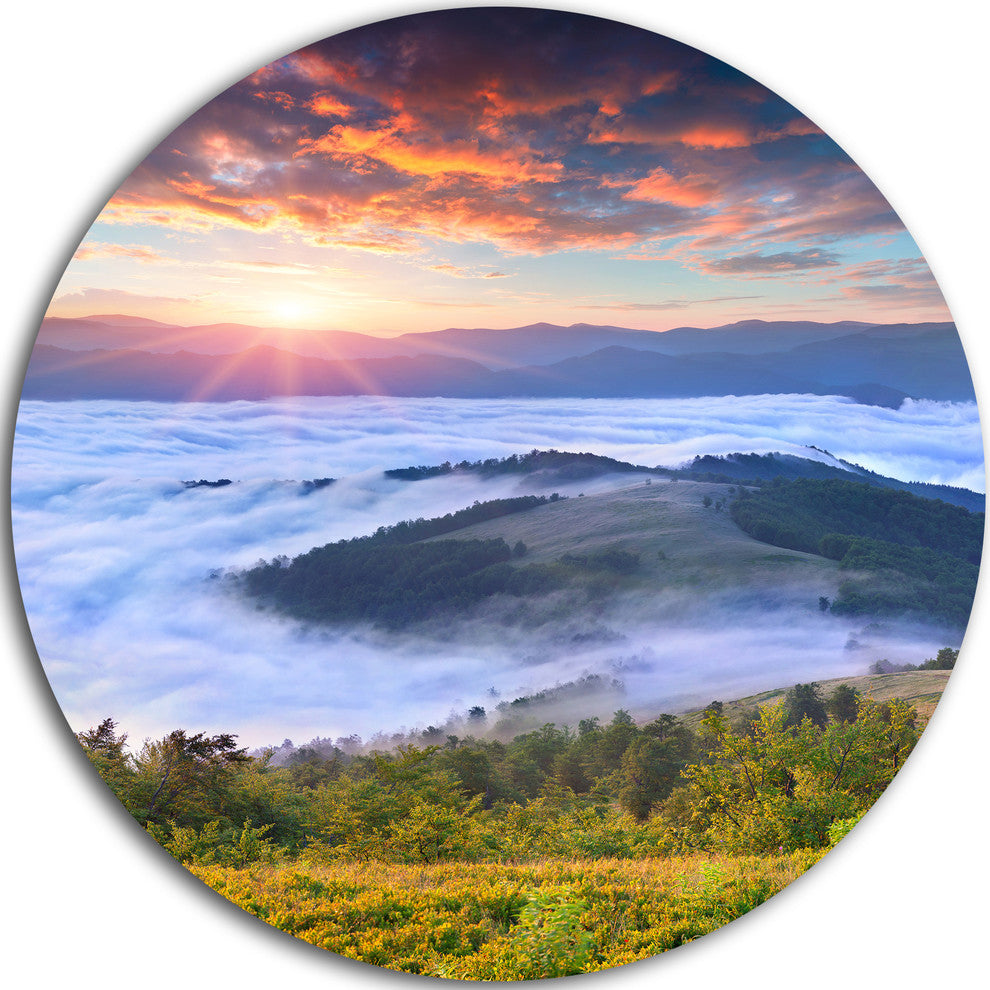 Colorful Sunrise Over Foggy Waters, Landscape Disc Metal Wall Art, 36"