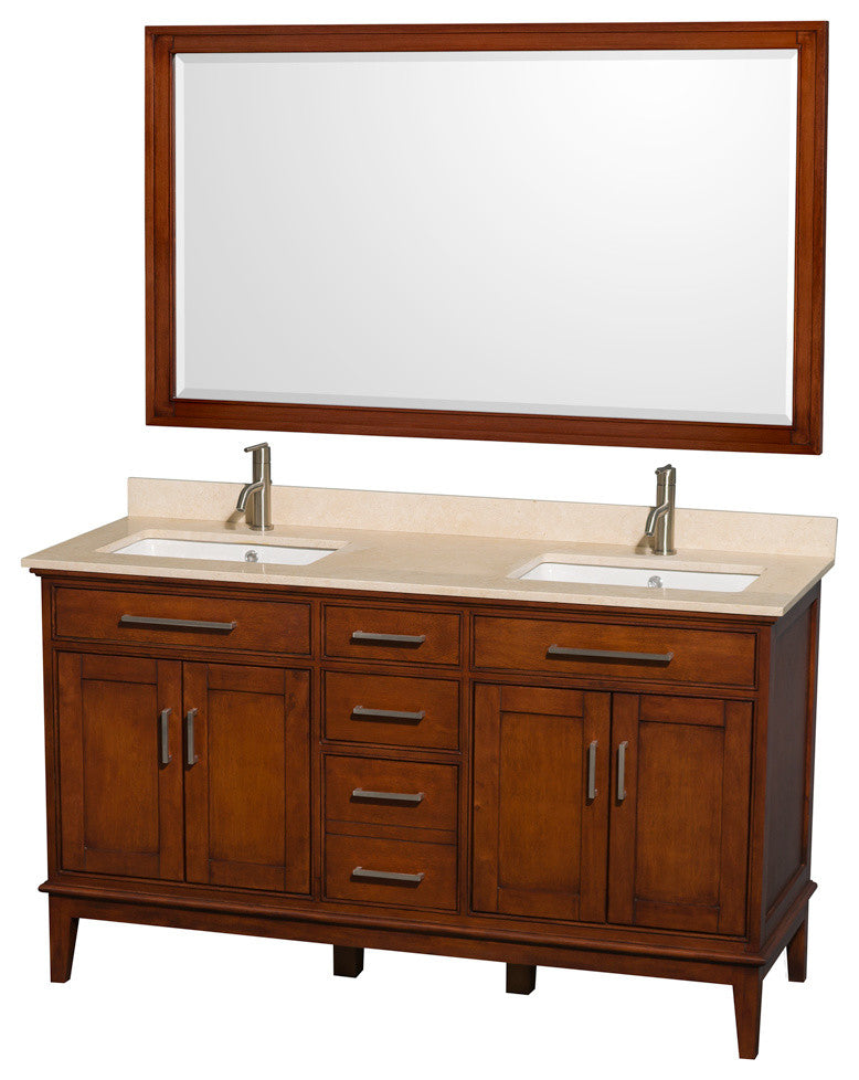 Hatton 60" Light Chestnut Double Vanity, Ivory Marble Top, Um Sq Sinks, 56"