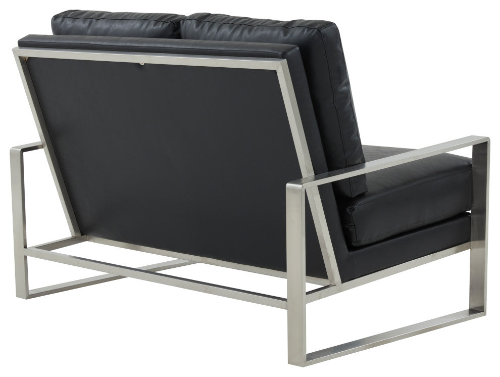 LeisureMod Jefferson Modern Faux Leather Loveseat With Silver Frame, Black