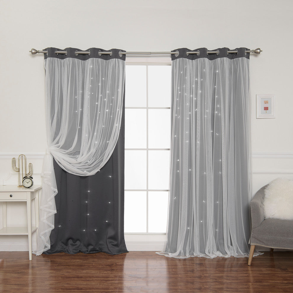 Tulle Overlay Star Cut Out Blackout Curtains, Dark Gray, 52" W X 84" L