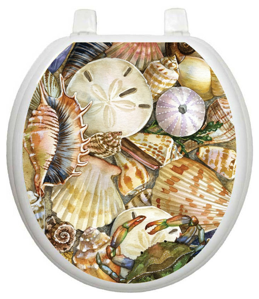 Seashells Toilet Tattoos Seat Cover, Vinyl Lid Decal, Bathroom Accent, Round