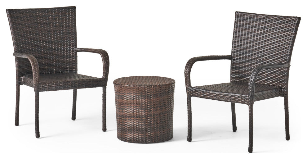 GDF Studio Charleston Outdoor 3-Piece Brown Wicker Stacking Chair Chat Set
