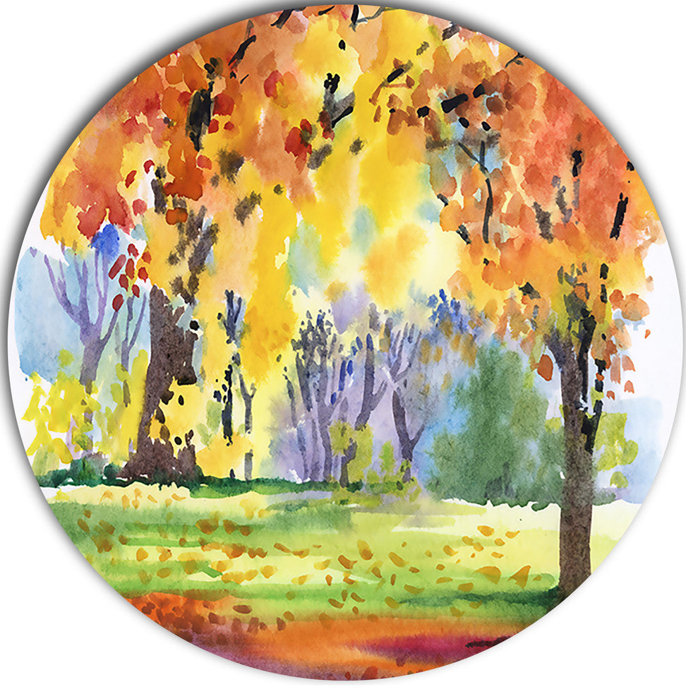 Autumn Park Yellow Trees Watercolor, Landscape Round Metal Artwork, 11"