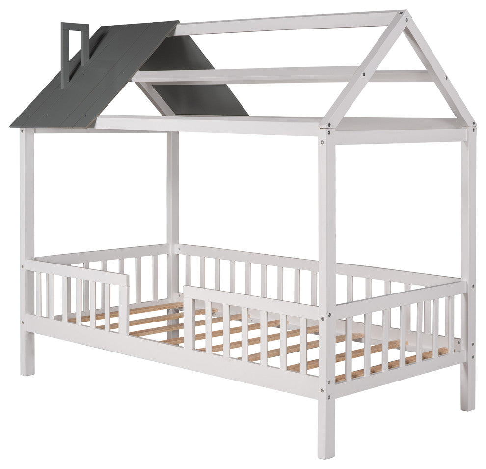 Gewnee Wood Twin Size House Bed with Fence and Roof,Gray/White