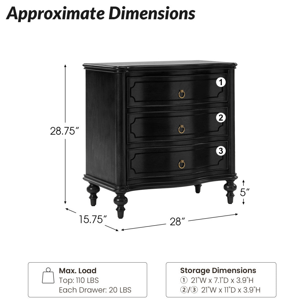 3-Drawer Nightstand With Solid Wood Legs and Built-In Outlets, Set of 2, Black