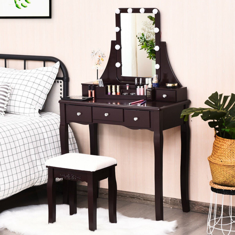 Elegant Vanity Set, Storage Drawers With Crystal Knobs & Lighted Mirror, Black