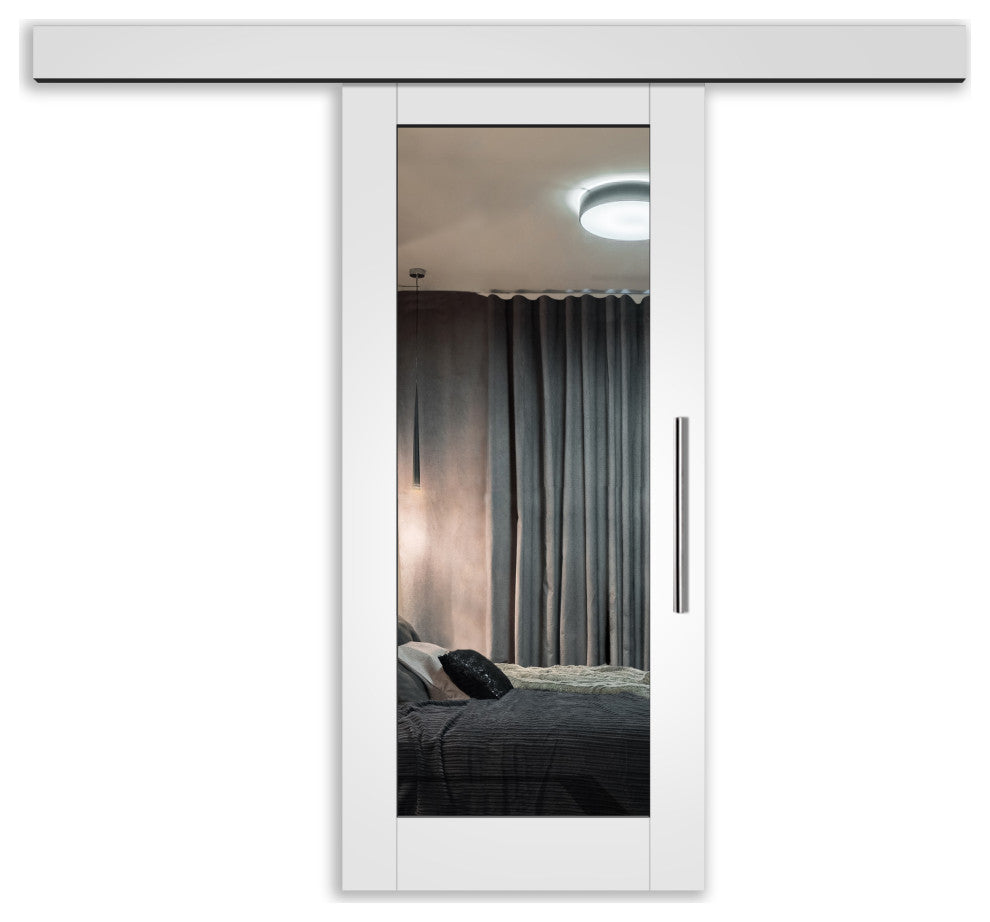 Mirrored White Painted Solid Wood Sliding Barn Door + Full Length Mirror, 36"x84" Inch, Hardware With Fascia, 1x Mirror One-Side