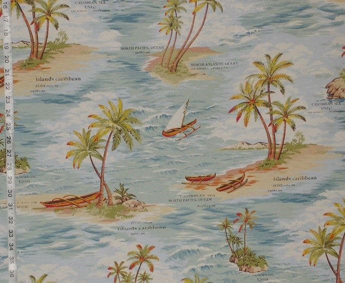 Retro Tropical Ocean Fabric Hawaiian Islands Boat Caribbean, Sample Cut