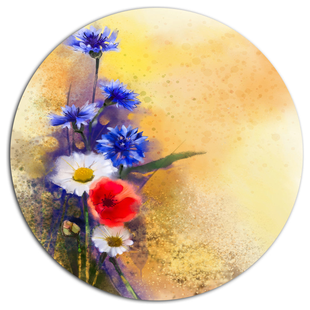 Bouquet Of Poppy Cornflower And Daisy, Floral Disc Metal Artwork, 11"