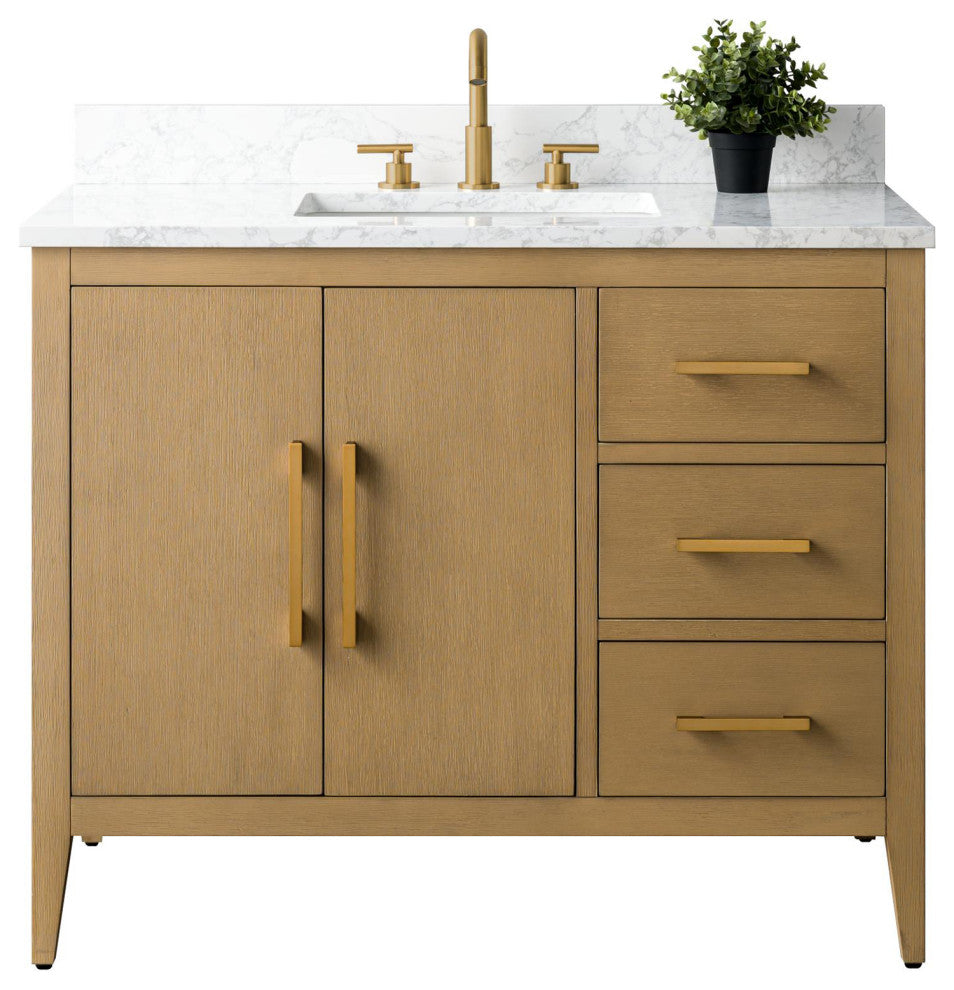 Vanity Art Bathroom Vanity With Sink, Natural Oak, 42", Single Sink, Golden Brushed
