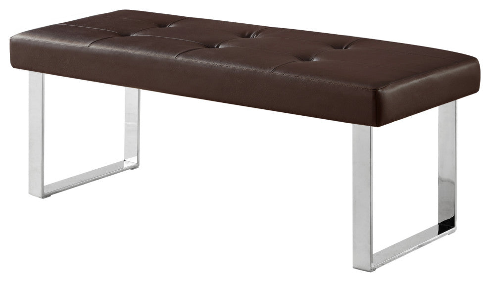 Dolores PU Leather Button Tufted Chrome Steel Square Leg Bench, Brown