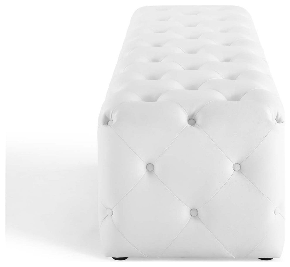 Tufted Accent Chair Bench, Faux Leather, White, Modern, Lounge Hospitality