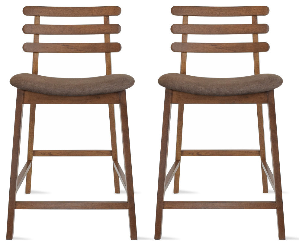 Dark Brown Wood Wooden With Ladder Back Cushion Counter Height Stools, Set of 2, Cappuccino