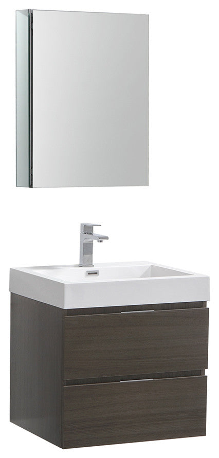 Valencia 24" Gray Oak Wall Hung Bathroom Vanity Set, Cabinet, Faucet, FFT1030BN