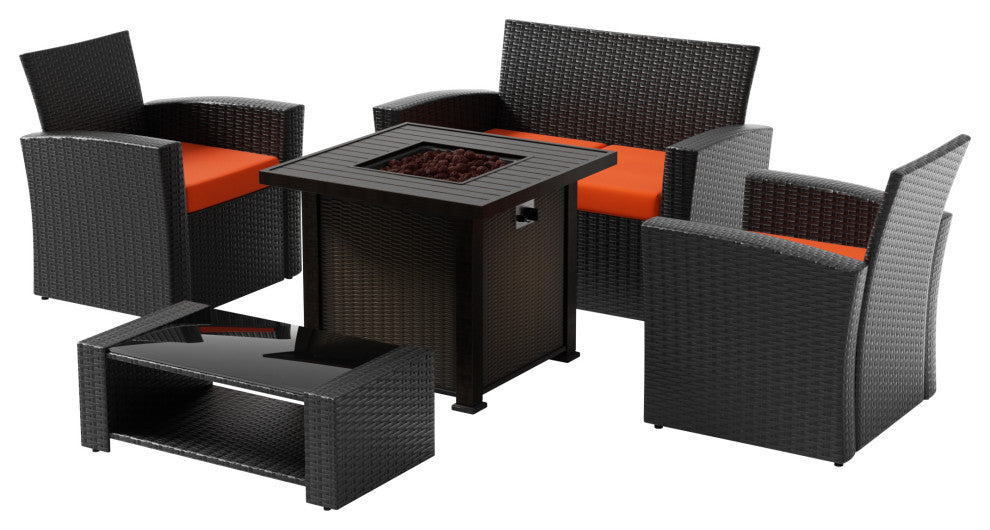 WestinTrends 5PC Outdoor Patio Wicker Conversation Set w/ Square Fire Pit, Black/Orange