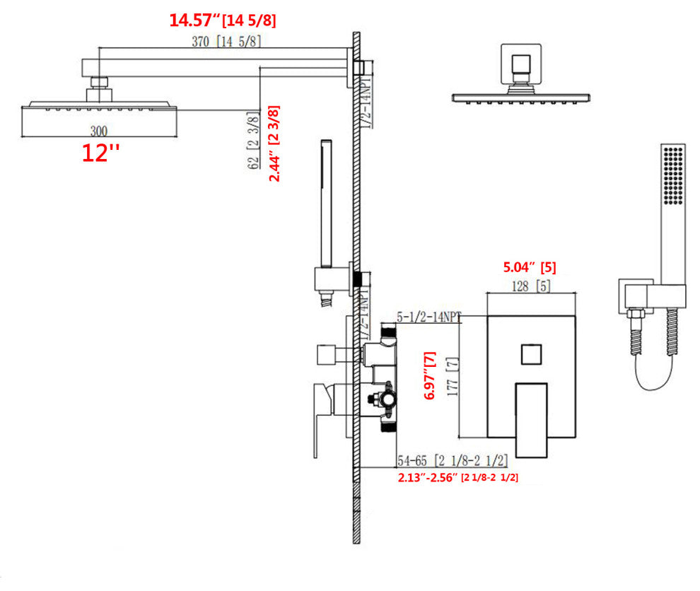 12" Wall Mounted Shower System Shower Combo, Matte Black