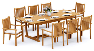 9-Piece Outdoor Teak Dining Set: 94" Masc Rectangle Table 8 Cahyo Stacking Chair