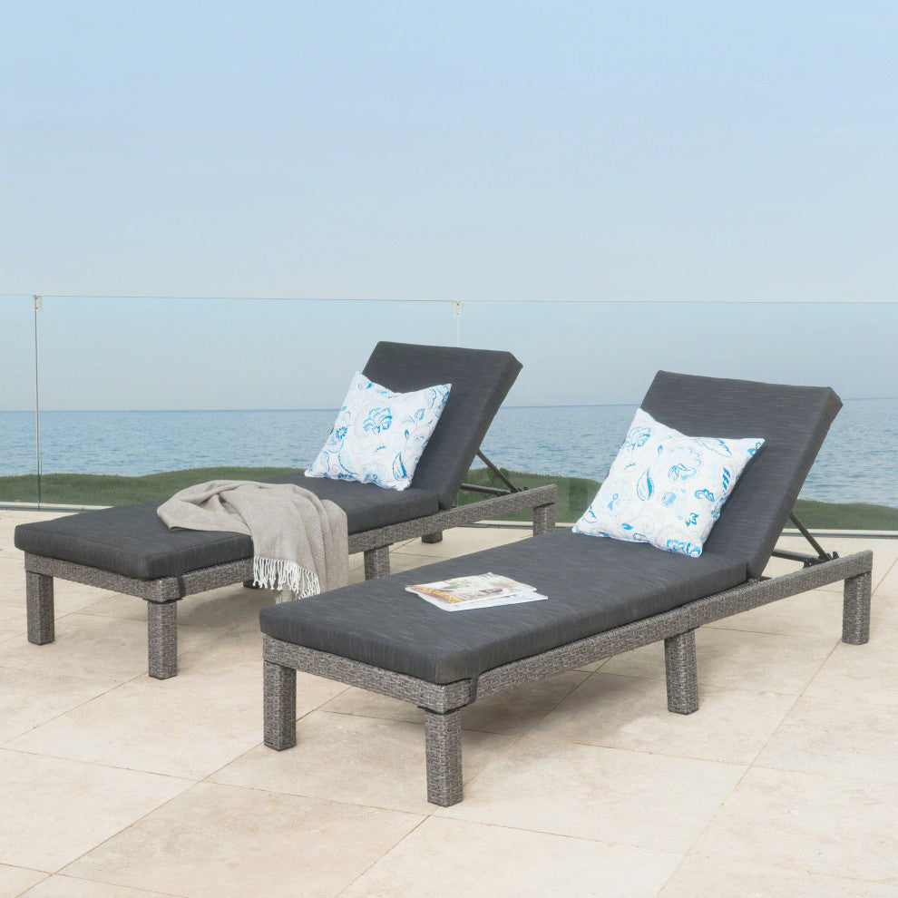 GDF Studio Venice Outdoor Black Wicker Chaise Lounge, Cushions, Set of 2