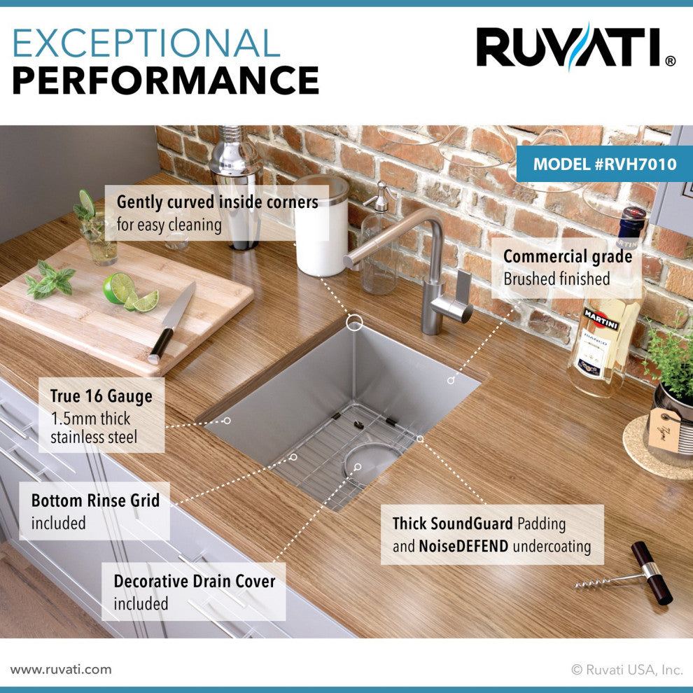 Ruvati 10 inch Undermount Bar Prep Tight Raduis 16 Gauge Kitchen Sink Stainless
