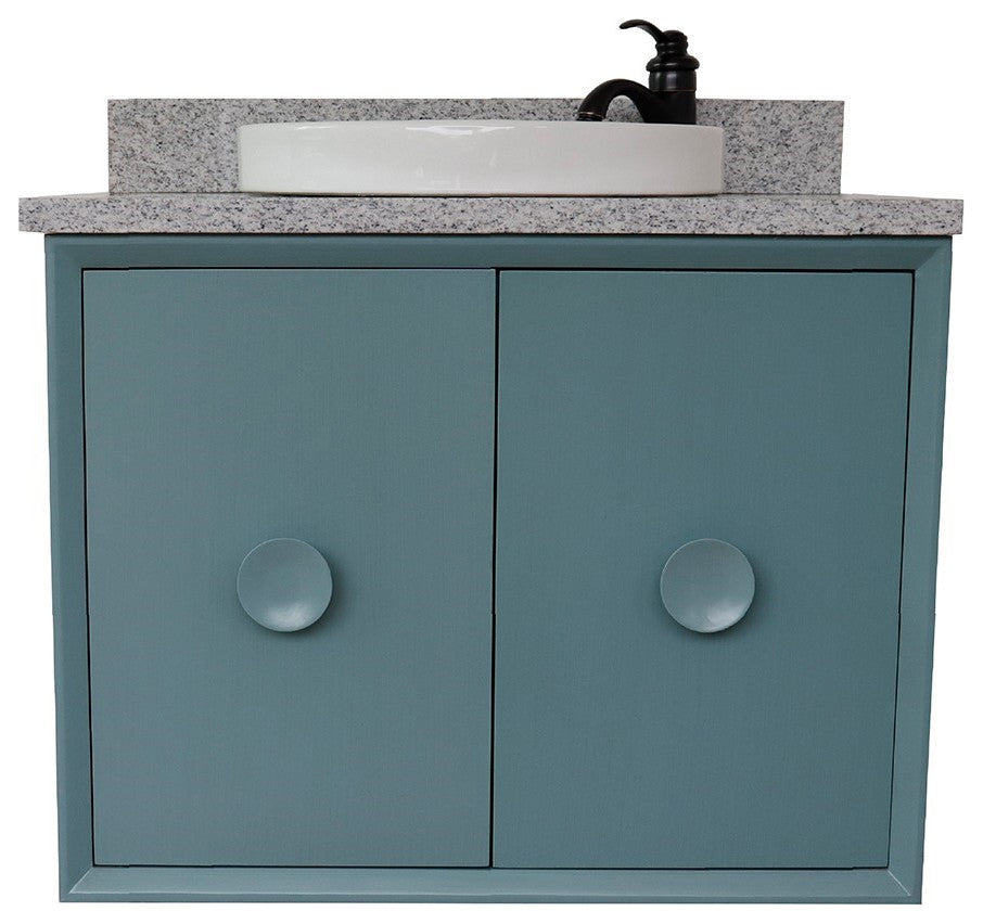 31" Single Wall Mount Vanity, Aqua Blue Finish With Gray Granite Top