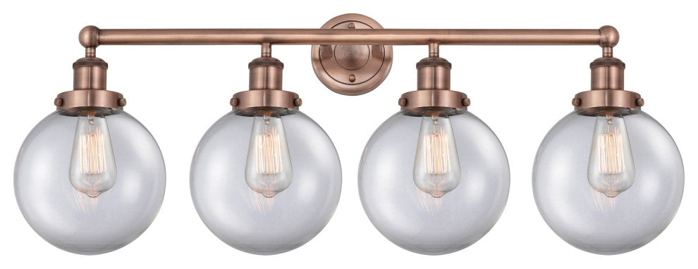 Large Beacon 4-Light 34" Bath Vanity Light, Antique Copper Finish, Clear Shade