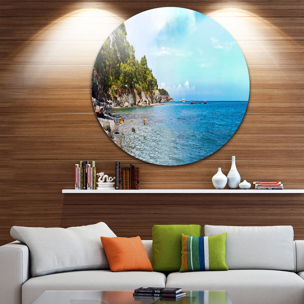 Wild Blue Beach Panorama View, Seashore Large Disc Metal Wall Art, 23"