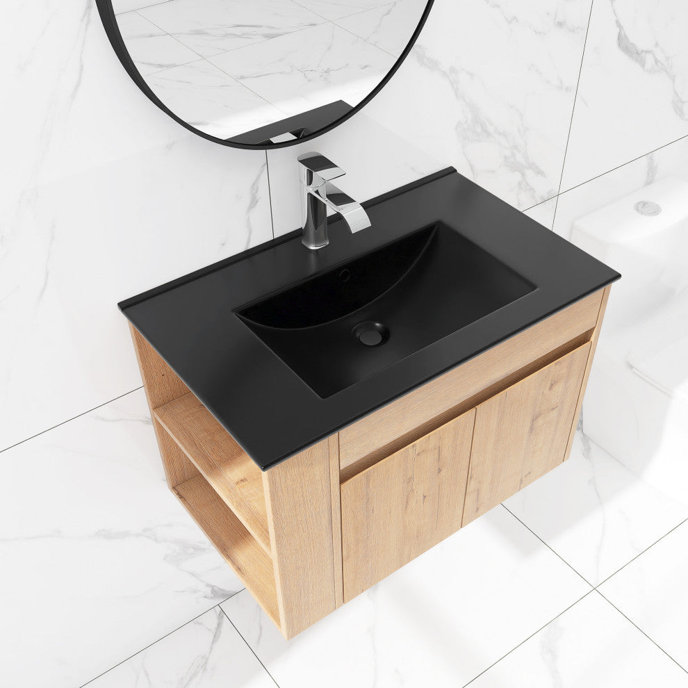 30 inch Wood Wall-Mounted Bathroom Vanity Set with Integrated Resin Sink, Imitative Oakï¼Œblack