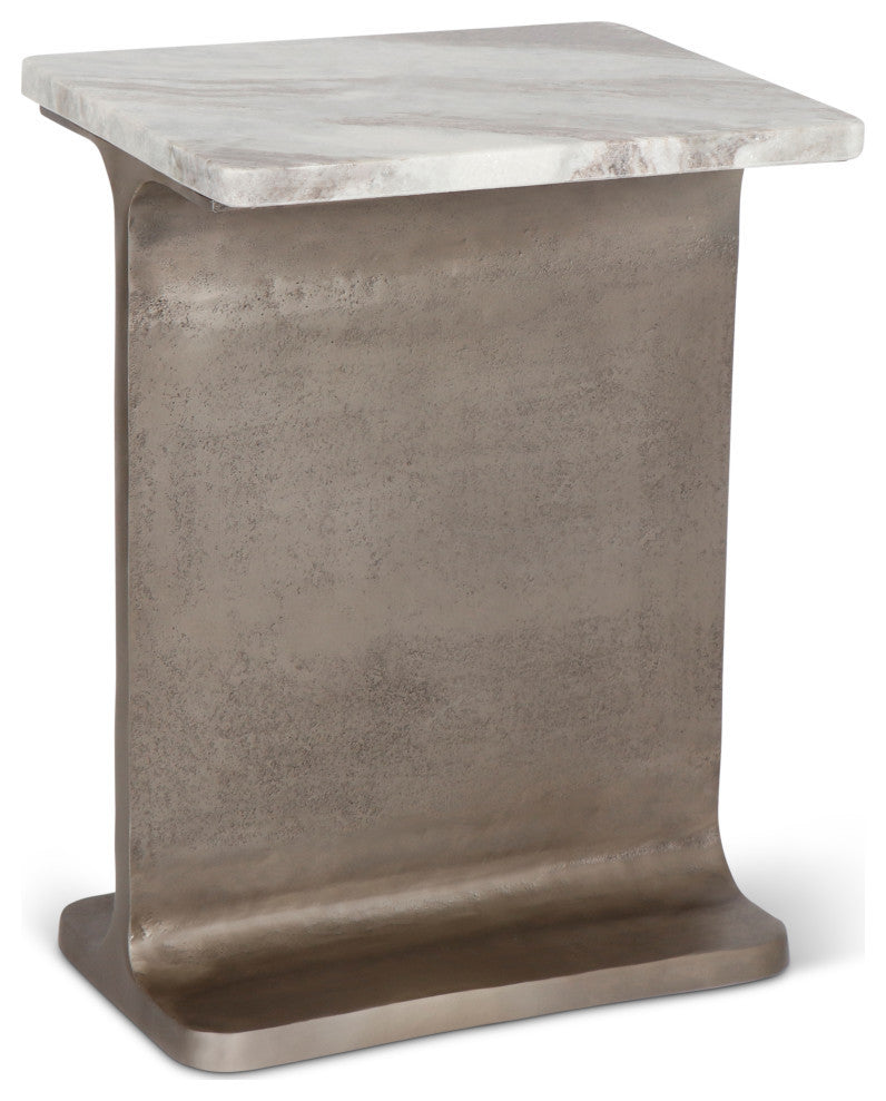 Marbelle I-Beam Marble Side Table, Toronto Sand/Antique Nickel Finish