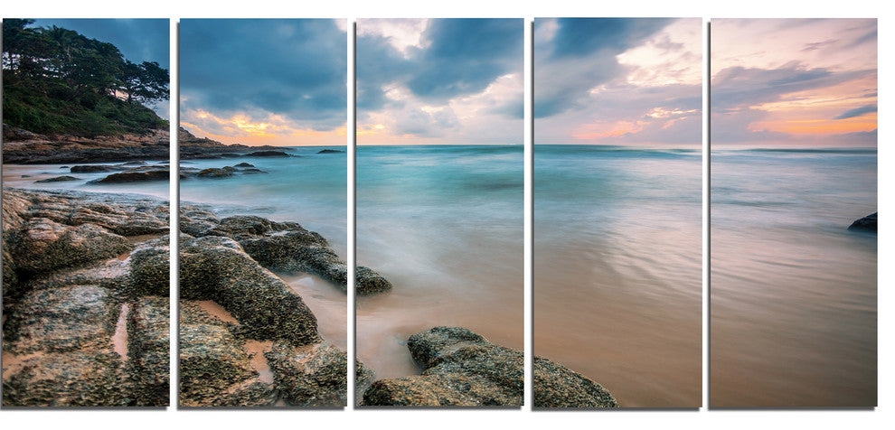 "Gloomy Tropical Sunset Beach" Extra Large Seascape Art Canvas, 5Panel, 60"x28"