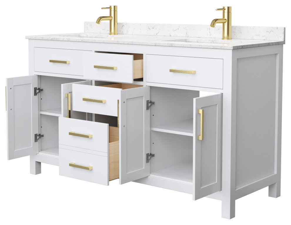 60"DBL Bath Vanity White, Carrara Cult. Marble Countertop, Sinks, Gold Trim