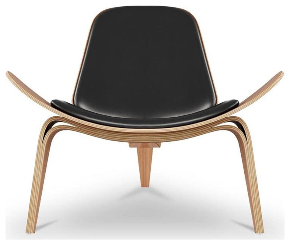 Aron Living 13.8" Wood and Genuine Leather Arch Shell Chair in Black