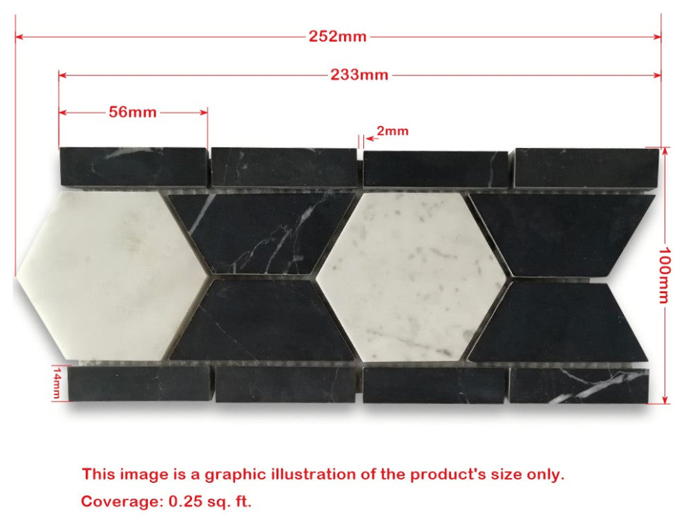 Carrara White Marble 3 Hexagon Black Mosaic Border Listello Tile Honed, 1 sheet