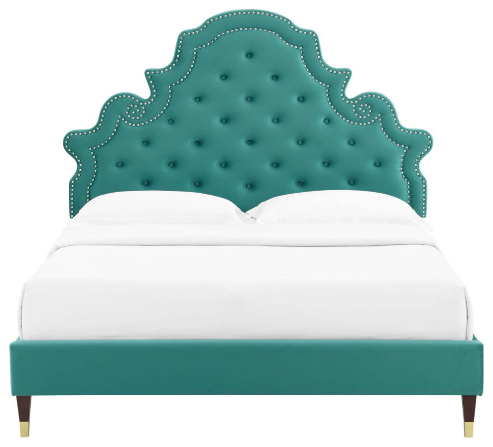 Tufted Platform Bed Frame, Twin Size, Velvet, Teal Blue, Modern Contemporary