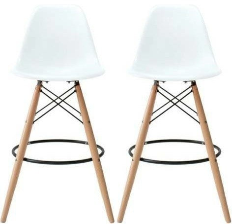 Plastic Counter Stools with Tapered Wooden Legs, Pack of Two, White and Brown