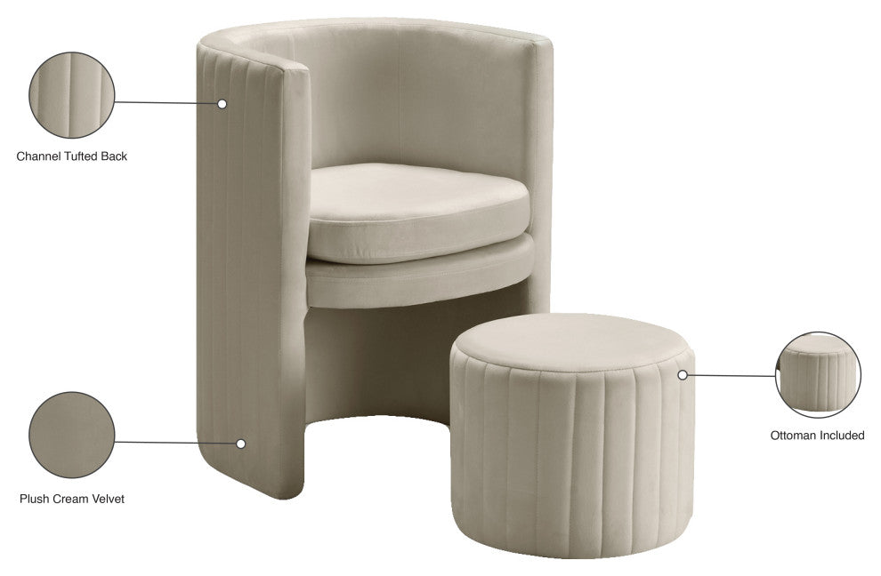Selena 2-Piece Velvet Accent Chair and Ottoman Set, Cream