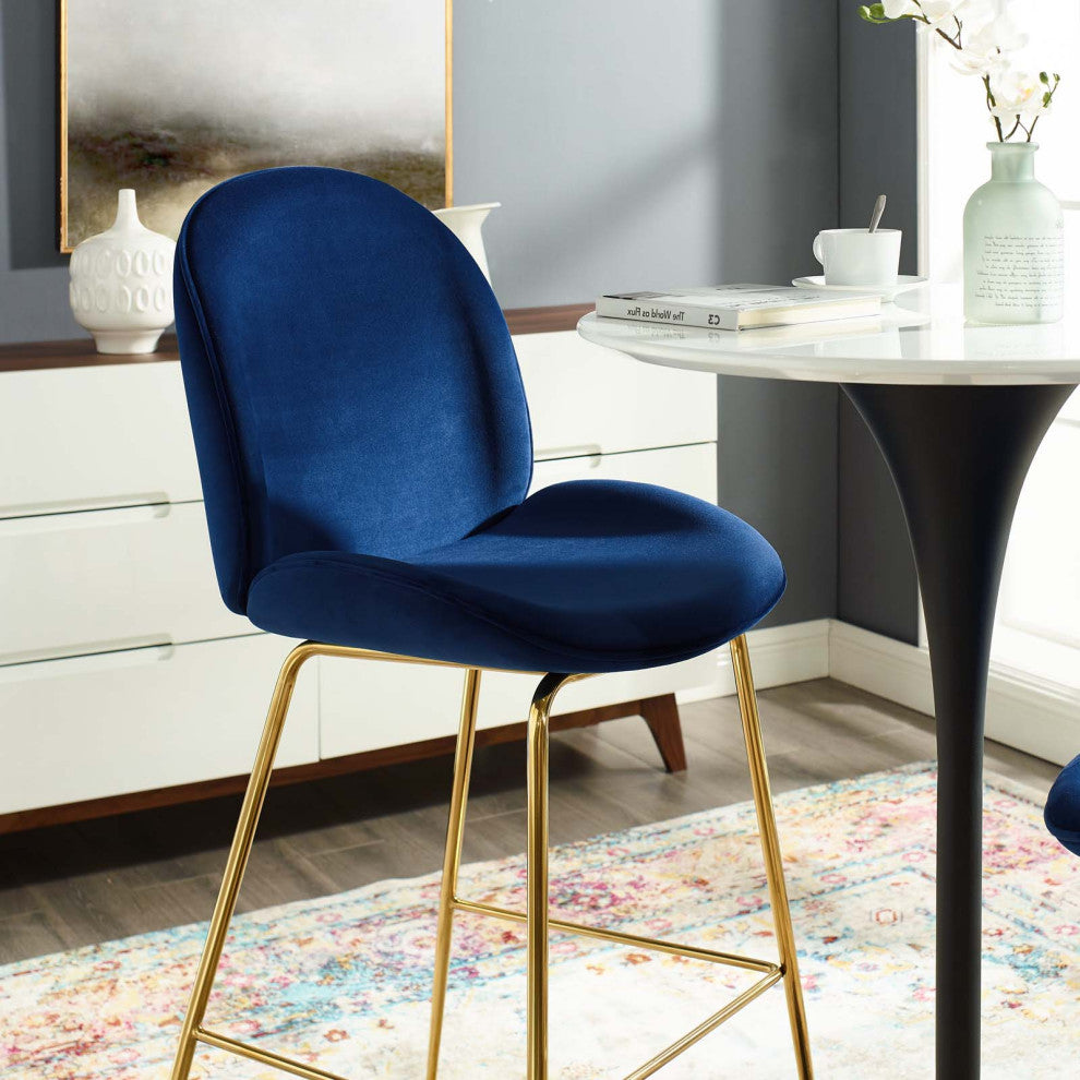 Contemporary Bar Pub and Dining Bar Stool Chair, Velvet Metal Steel, Navy Blue