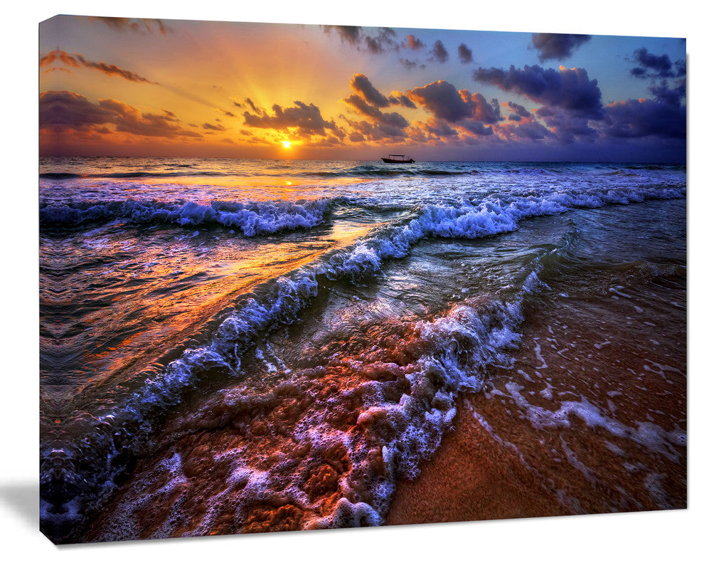 Sunset over Blue Tinged Waves, Seashore Photo Canvas Art Print, 60"x28"