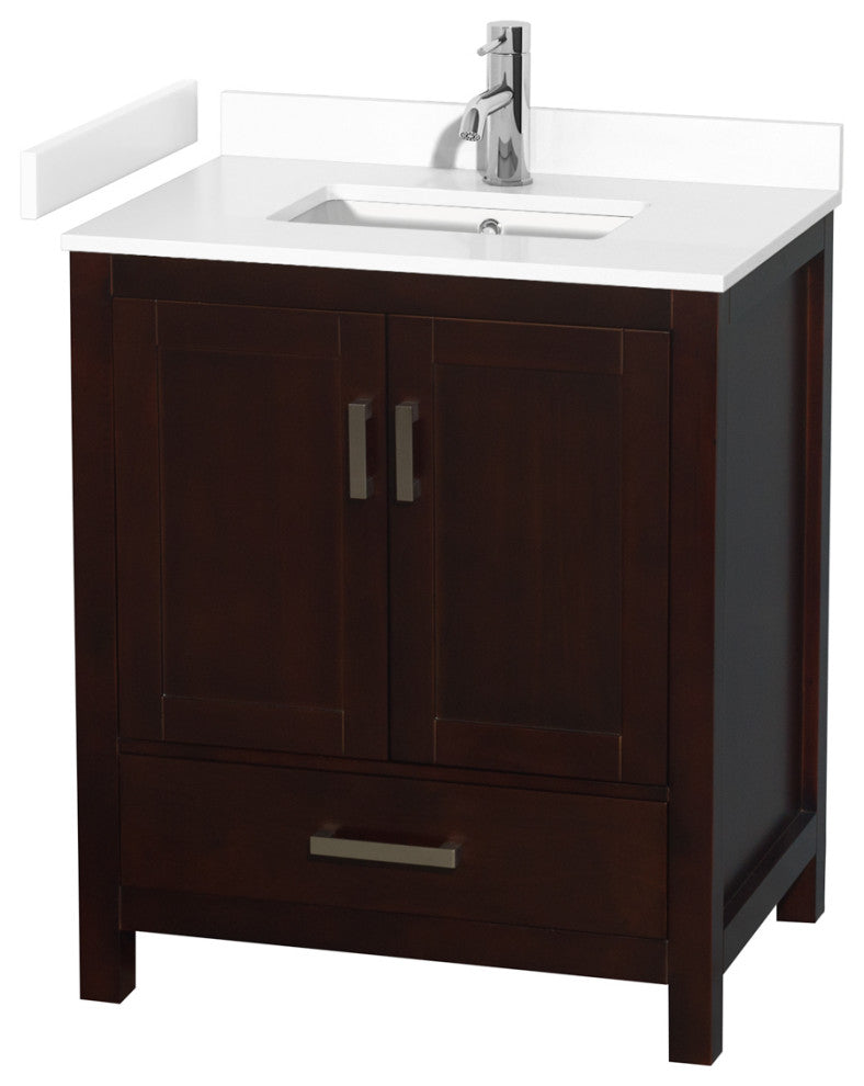 30" Single Bathroom Vanity, Espresso, White Cultured Marble Countertop, Sink