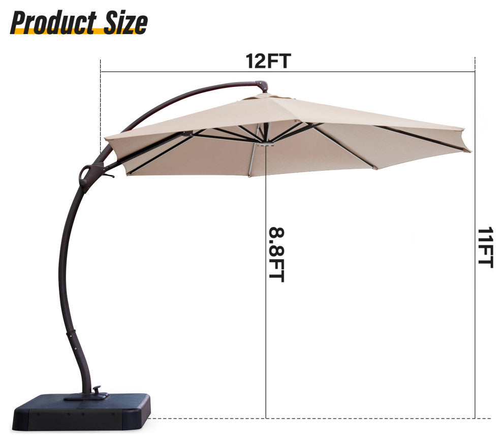 12' Outdoor Patio Hanging Cantilever Curvy Umbrella With 360 Rotation