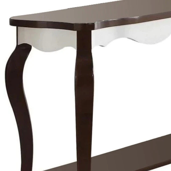 Benzara BM185767 Wooden Sofa Table with Cabriole Legs, Walnut Brown and White