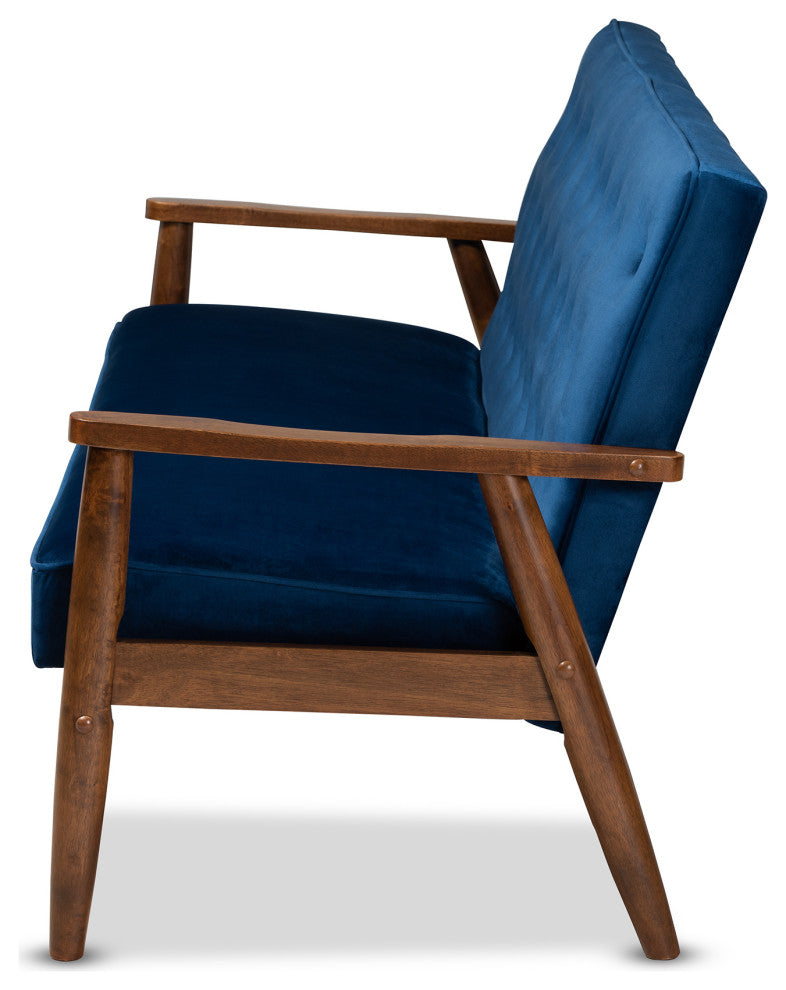 Sorrento Navy Blue Velvet Fabric Walnut Wooden 3-Seater Sofa