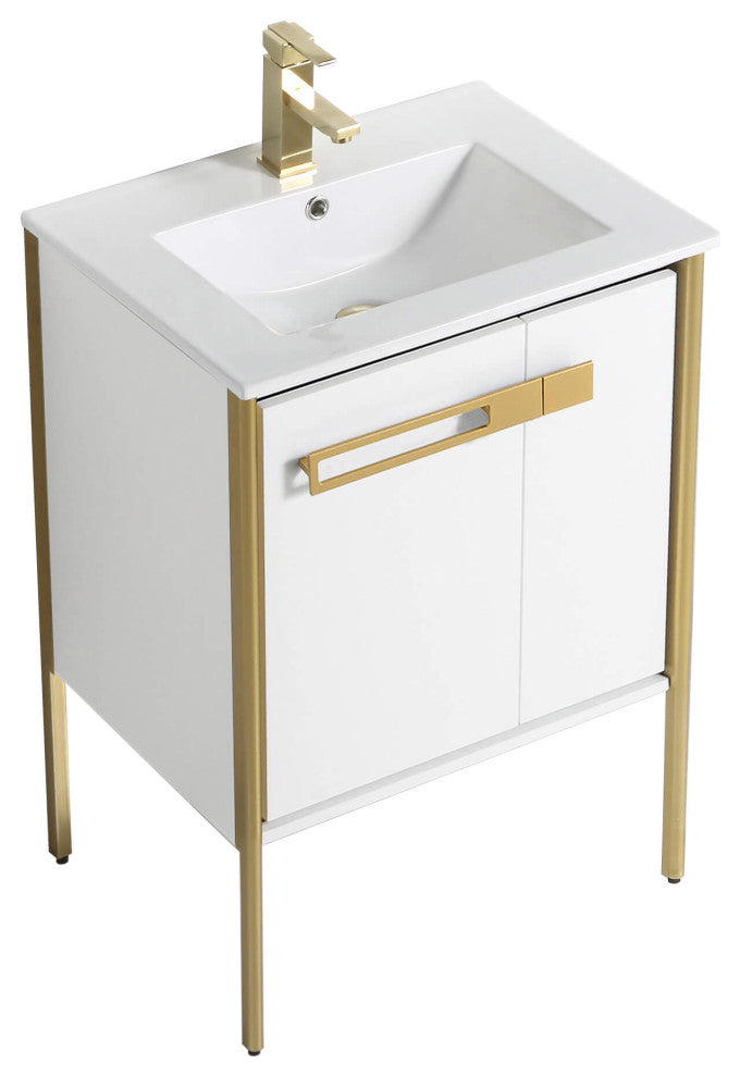 Oakville Bath Vanity, Ceramic Sink, White Matte, 24 Inch, Satin Brass Hardware