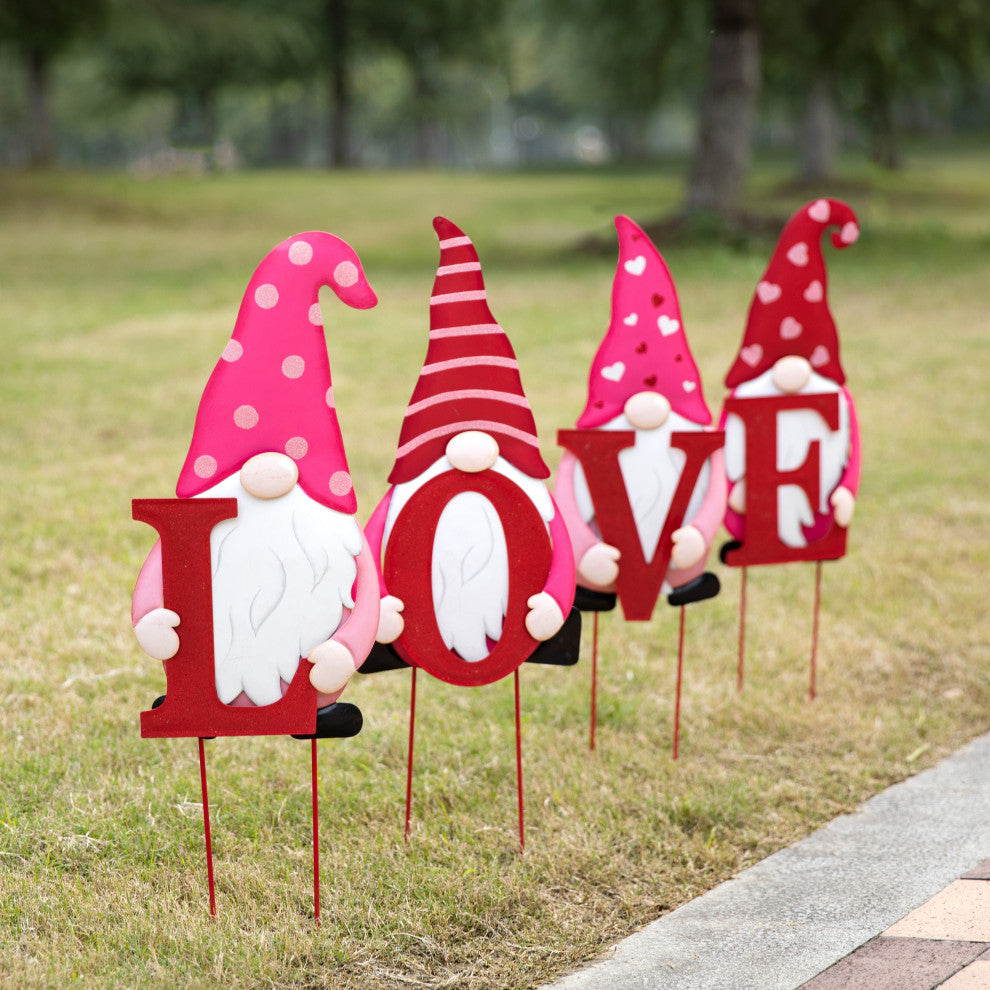 24" Metal Valentine's Love Gnome Yard Stake/Hanging Sign, 4-Piece Set