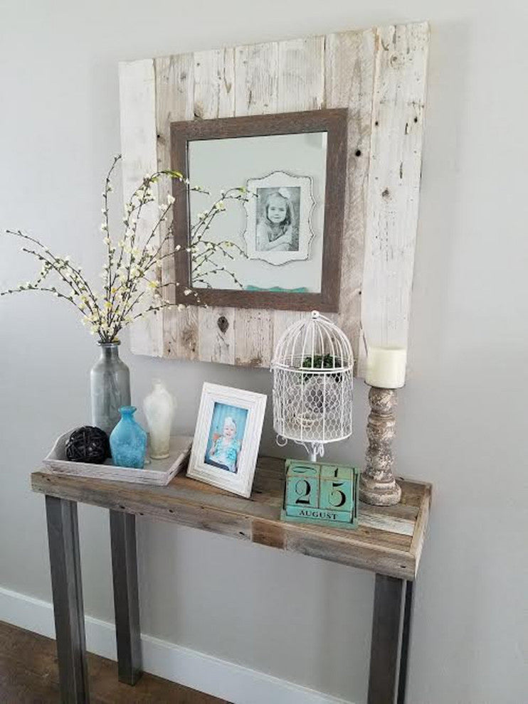 Reclaimed Slat Mirror With Whitewashed Boards, 30"x30"