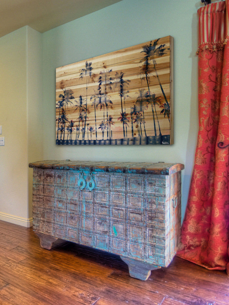 "Watercolor Palms" Print on Natural Pine Wood, 45"x30"
