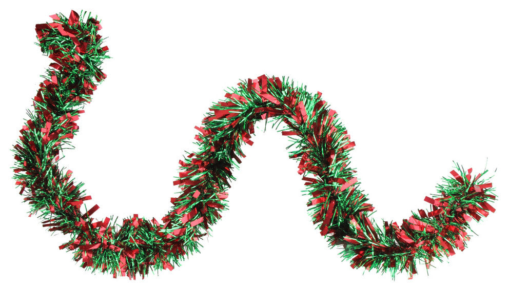 50' Festive Red and Green Thick Cut Christmas Tinsel Garland, Unlit, 6 Ply