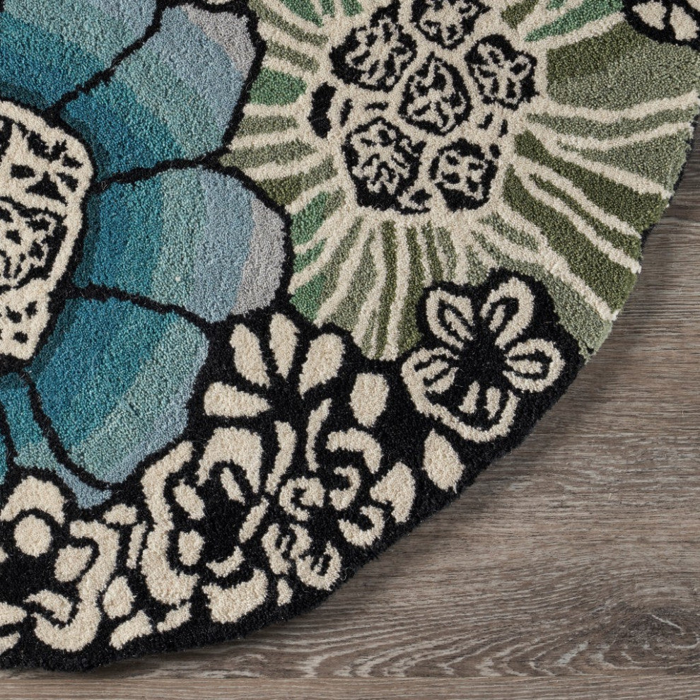 6" Round Blue and Black Floral Area Rug