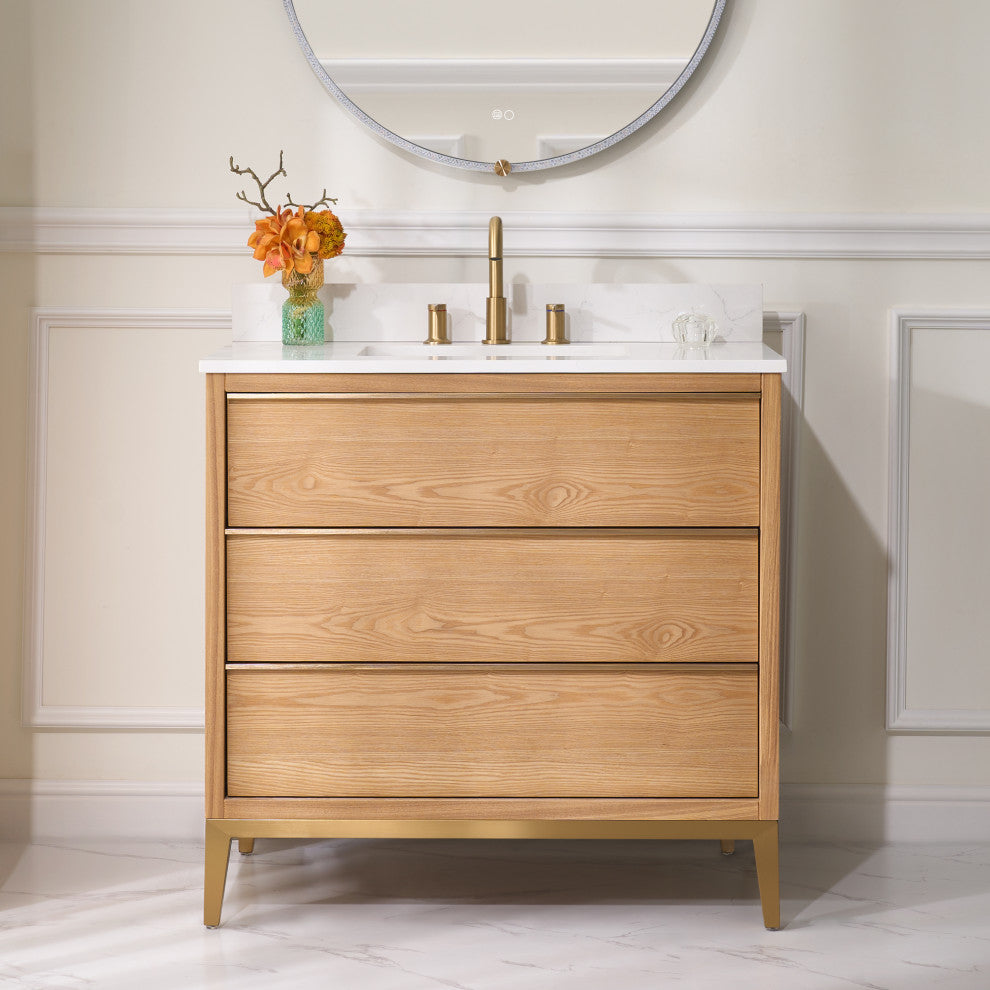 Nolan Freestanding Bathroom Vanity with Quartz Top, Light Oak, 36"