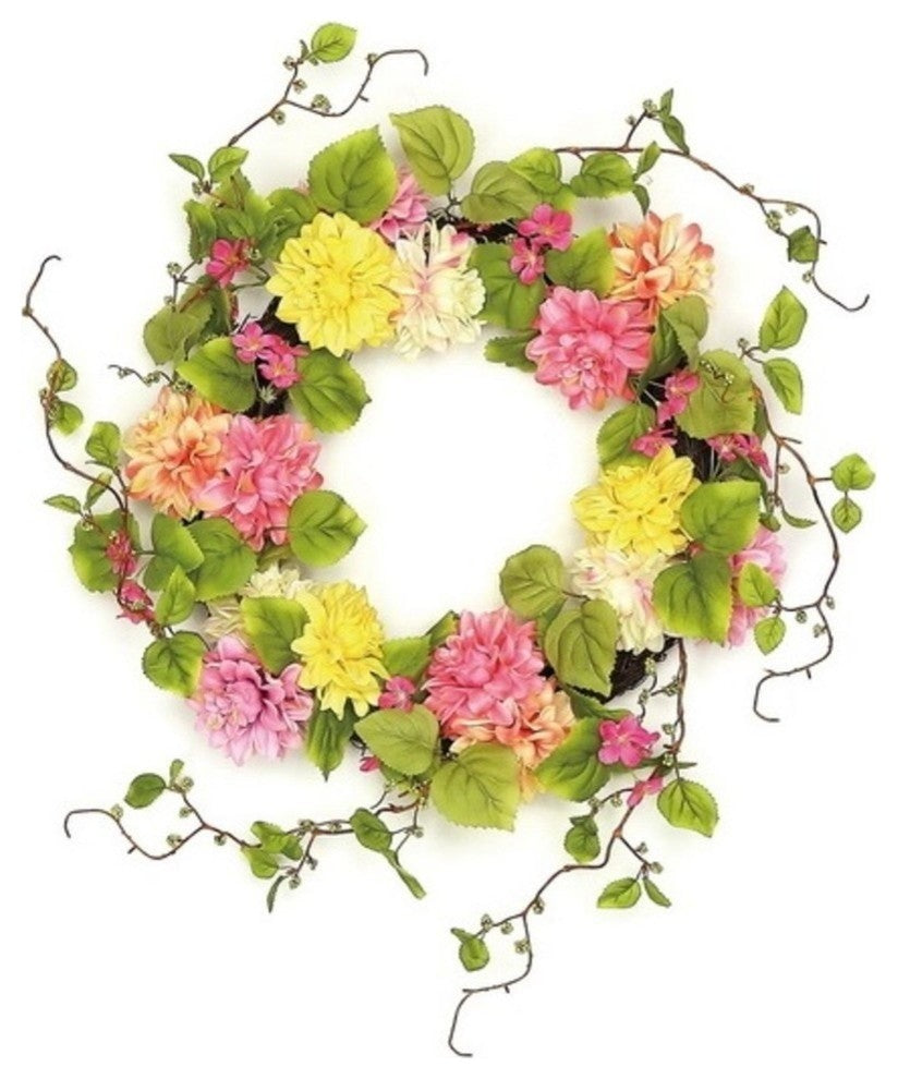 22" Pink and Yellow Mum and Wild Blossom Floral Wreath, Unlit