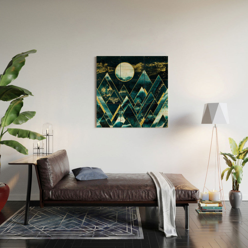 Nature Magick Gold Teal Geometric Mountains Wood Wall Mural